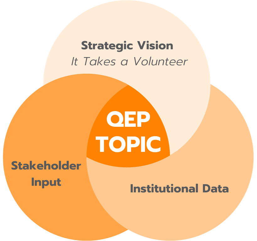 Venn diagram showing the QEP topic at the intersection of the institution's strategic vision, institutional data, and stakeholder input.
